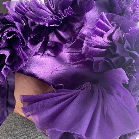 Theia One Shoulder Purple 100% Silk Ruched Rosette 3D Appliqué Cocktail Dress - Picture 16 of 16